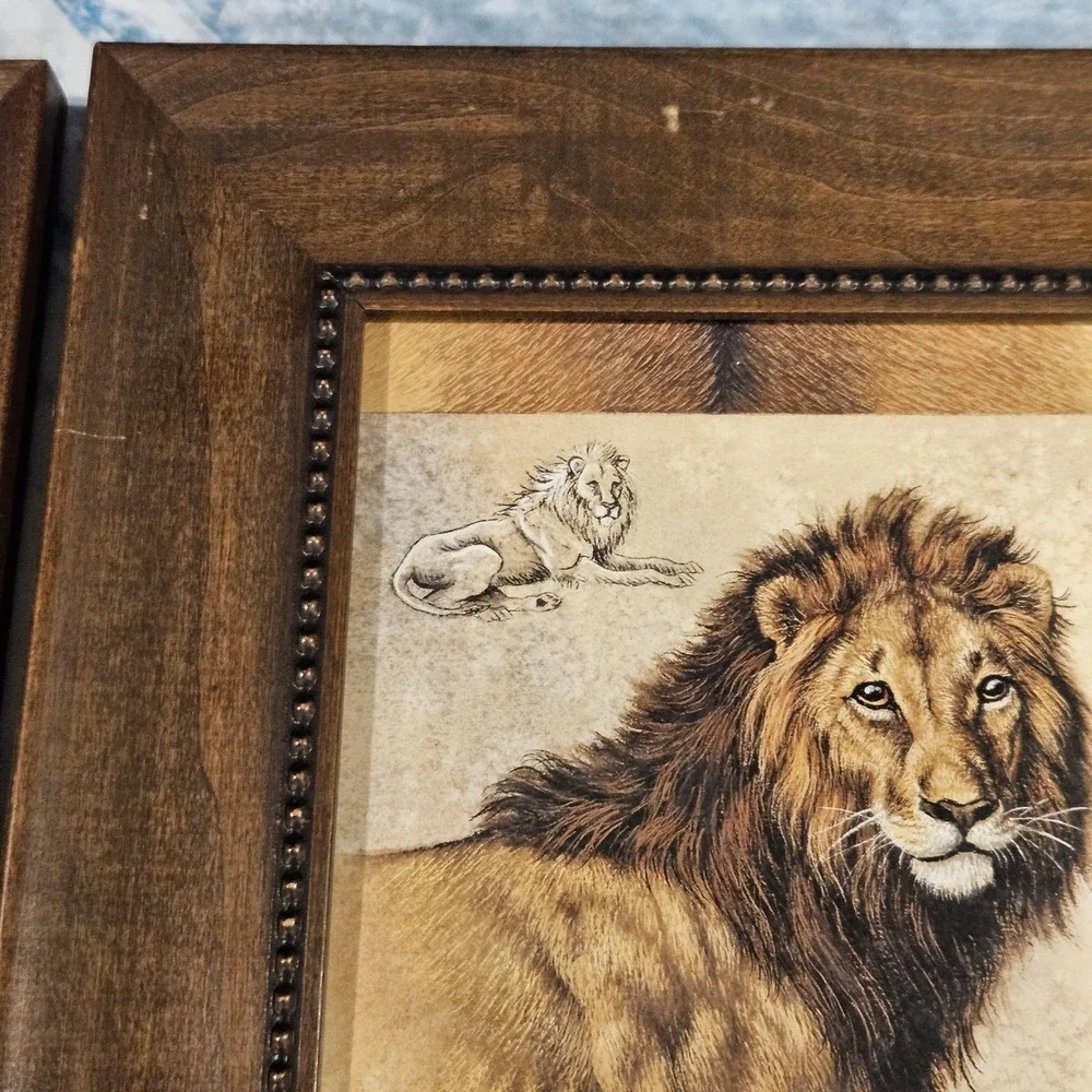 Safari Animal Wall Art Set Tiger Lion Framed Prints J Gibson Rustic‎ Decor